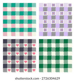 Colección inconsútil colorida retro del modelo del tablero de ajedrez con los corazones y las flores, fondos geométricos de moda del Antiguas para la tela, el Fondo de pantalla, el empaquetado y el Diseño gráfico