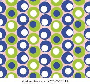 Retro Colorful Circles Psychedelic Geometric Minimal Seamless Pattern Trend Fashion Colors Vector Perfect for Allover Fabric Print or Wrapping Paper Royal Blue Bright Green Tones