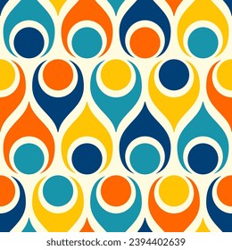 Retro colorful circles and teardrops in mid-century modern Atomic style, orange, yellow, blue, teal on cream