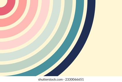 Fondo de onda circular retro colorido. elementos de diseño de los años 60 y 70. Papel pintado de color a rayas antiguas. Cuarto de fondo de círculo. Las líneas irradian con un espacio de copia. Ilustración del vector