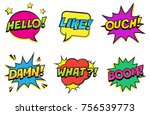 Retro colorful comic speech bubbles set with halftone shadows on white background. Expression text HELLO, LIKE, OUCH, DAMN, WHAT, BOOM. Vector illustration, pop art style.