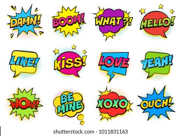 Retro colorful comic speech bubbles set with halftone shadows on white background. Expression text HELLO, YEAH, LOVE, LIKE, WOW, OUCH, DAMN,  BOOM, XOXO, WHAT etc. Vector illustration, pop art style.