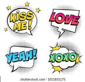 Retro colorful comic speech bubbles set for Valentine's Day. Isolated on white background. Expression text KISS ME, YEAH, LOVE, XOXO. Vector illustration, pop art style.