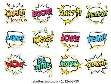 Retro colorful comic speech bubbles set with halftone shadows on white background. Expression text HELLO, YEAH, LOVE, LIKE, WOW, OUCH, DAMN, BOOM, XOXO, WHAT etc. Vector illustration, pop art style.