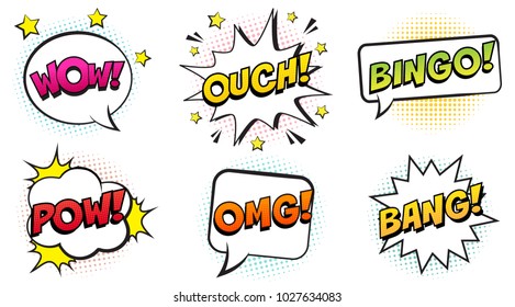 Retro colorful comic speech bubbles set with halftone shadows on white background. Expression text OUCH, BINGO, POW, OMG, BANG, WOW. Vector illustration, pop art style.