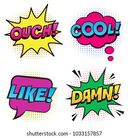 Retro colorful comic speech bubbles set with halftone shadows on white background. Expression text COOL, OUCH, LIKE, DAMN. Vector illustration, pop art style.