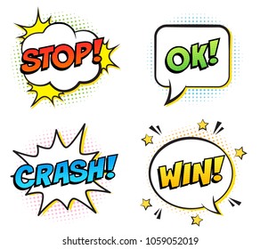 Retro colorful comic speech bubbles set with halftone shadows on white background. Expression text STOP, OK, CRASH, WIN. Vector illustration, pop art style.