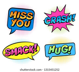 Retro colorful comic speech bubbles set for Valentine's Day. Isolated on white background. Expression text HUG, SMACK, MISS YOU, CRASH. Vector illustration, pop art style.
