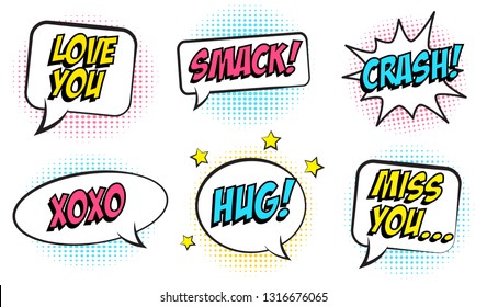 Retro colorful comic speech bubbles set for Valentine's Day. Isolated on white background. Expression text CRASH, HUG,  SMACK, MISS YOU, LOVE, XOXO. Vector illustration, pop art style.