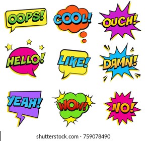 Retro colorful comic speech bubbles set on white background. Expression text BANG, OUCH, NO, HELLO, YEAH, DAMN, LIKE, COOL, WOW. Vector illustration, pop art style.