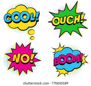 Retro colorful comic speech bubbles set with halftone shadows on white background. Expression text  OUCH, NO, HELLO, BOOM, COOL. Vector illustration, pop art style.