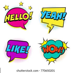 Retro colorful comic speech bubbles set with halftone shadows on white background. Expression text  HELLO, YEAH, HELLO, LIKE, WOW. Vector illustration, pop art style.