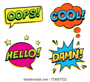 Retro colorful comic speech bubbles set with halftone shadows on white background. Expression text COOL, OOPS, HELLO, DAMN. Vector illustration, pop art style.