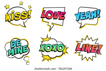 Retro colorful comic speech bubbles set for Valentine's Day. Isolated on white background. Expression text KISS, LOVE, YEAH, BE MINE, XOXO, LIKE. Vector illustration, pop art style.