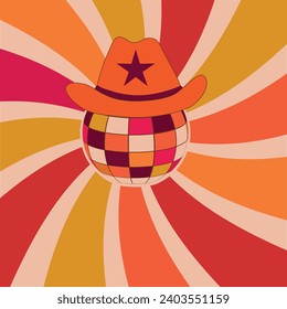 Retro colorful cowboy hat on disco ball with vintage sunburst red, orange and mustard. Illustration for disco retro party