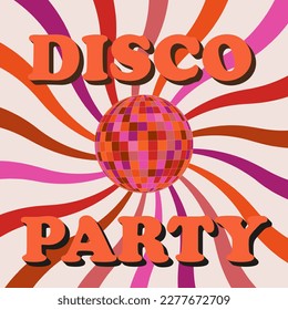 Retro Colorful disco ball with vintage sunbursts in orange, pink, brown , purple and coral. Disco party vintage style poster for retro 70s parties.