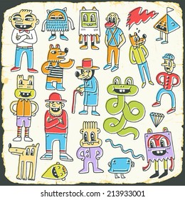 Retro colorful doodle characters set on paper texture 2. Hand drawn vector illustration.