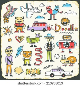 Retro colorful doodle characters set on paper texture 1. Hand drawn vector illustration.