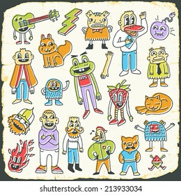 Retro colorful doodle characters set on paper texture 4. Hand drawn vector illustration.