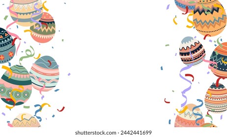 Retro colorful Easter painted eggs, ribbon and confetti frame. greeting card, egg hunt, season spring time