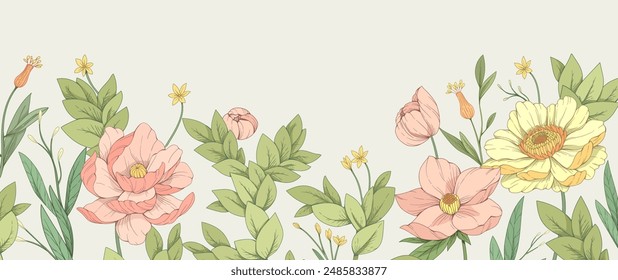 Retro colorful floral art with detailed various flowers and foliage, intricate details and delicate forms. Elegant botanical background or invitation card. Hand drawn vector illustration