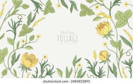 Retro colorful floral art with detailed various flowers and foliage, intricate details and delicate forms. Elegant botanical background or invitation card. Hand drawn vector illustration