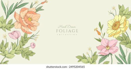 Retro colorful floral art with detailed various flowers and foliage, intricate details and delicate forms. Elegant botanical background or invitation card. Hand drawn vector illustration