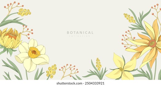 Retro colorful floral art with detailed various flowers and foliage, intricate details and delicate forms. Elegant botanical background or invitation card. Hand drawn vector illustration