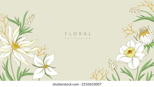 Retro colorful floral art with detailed various flowers and foliage, intricate details and delicate forms. Elegant botanical background or invitation card. Hand drawn vector illustration.