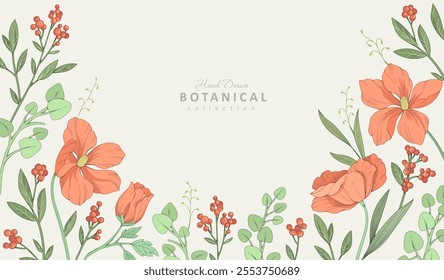 Retro colorful floral art with detailed various flowers and foliage, intricate details and delicate forms. Elegant botanical background or invitation card. Hand drawn vector illustration