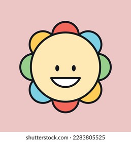Retro colorful flower concept. Plant with multicolored petal. Symbol of summer and spring seasons. Vintage social media sticker. Back in 80s and 90s. Cartoon flat vector illustration