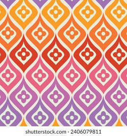 Retro Colorful flowers on mid century ogee seamless pattern in pink, purple, orange and red on white background. For home decor, textile and wallpaper 