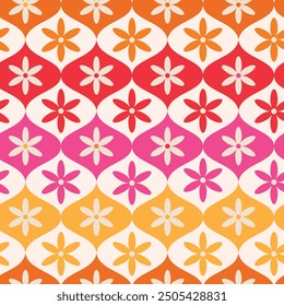 Retro Colorful Flowers on Mid Century Ogee Ovals Seamless Pattern in orange, yellow, pink and red. For Wallpaper, Fabric and Home décor