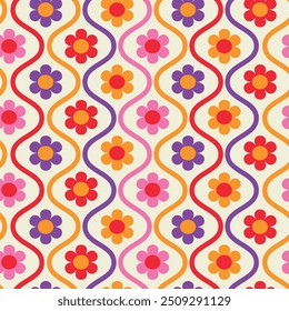 Retro Colorful Flowers on ogee oval shapes seamless pattern in orange, purple, pink and red on white background. For wallpaper, fabric and textile 