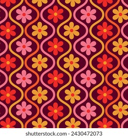 Flores coloridas retro en rosa, naranja y rojo en Mid Century Ogee Ovals Patrón sin fisuras sobre fondo oscuro. Para papel pintado, tela y decoración del hogar 