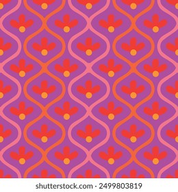 Retro Colorful Flowers in pink, orange and red on Mid Century Ogee Ovals Seamless Pattern over dark background. For Wallpaper, Fabric and Home décor