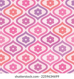 Retro Colorful flowers in pink, purple, coral and orange on mid century ogee seamless pattern. For home décor, wallpaper, fabric and textile