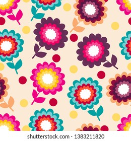 retro colorful folk flowers tossed repeating vector pattern on a light  dots background