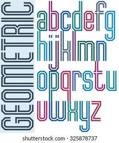 Retro colorful font with double lines, geometric poster letters.