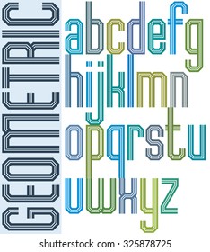 Retro colorful font with triple lines, geometric poster letters.
