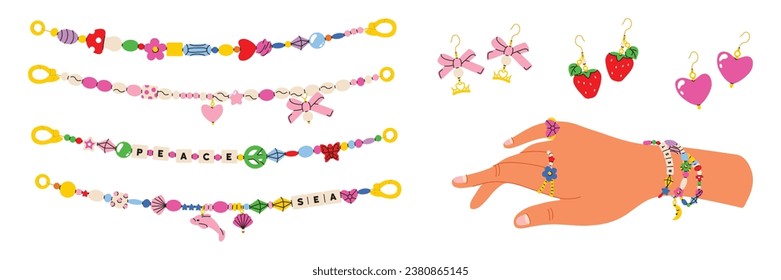 Juego de joyas con perlas funky retro y colorido. Pulsera, anillo, pendientes con varios colgantes de plástico. Ilustración vectorial dibujada a mano estilo estética de los años 00.