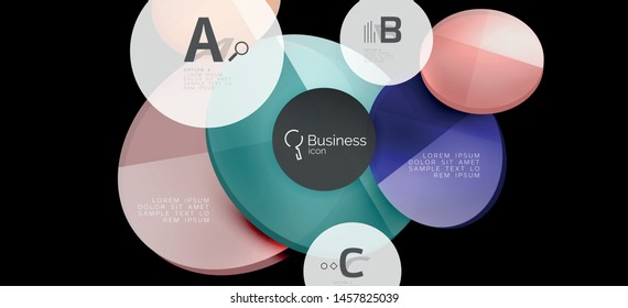 Retro colorful geometric background - circles on black, great design for any purposes. Creative minimal concept. Banner, poster template.