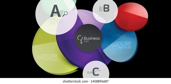 Retro colorful geometric background - circles on black, great design for any purposes. Creative minimal concept. Banner, poster template.