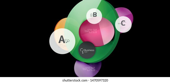 Retro colorful geometric background - circles on black, great design for any purposes. Creative minimal concept. Banner, poster template.