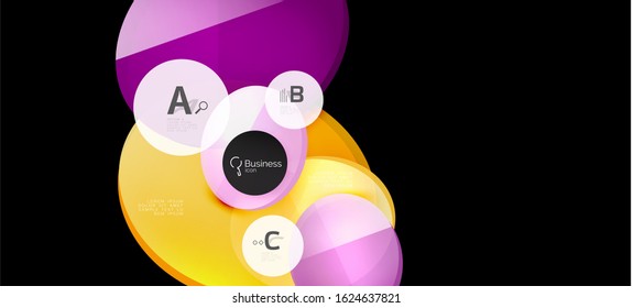 Retro colorful geometric background - circles on black, great design for any purposes. Creative minimal concept. Banner, poster template.