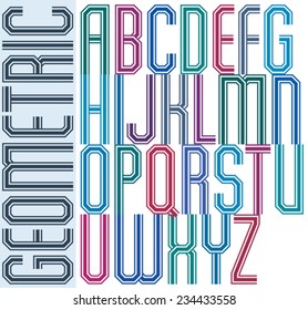 Retro colorful geometric font with parallel triple thick and thin lines, decorative poster letters.
