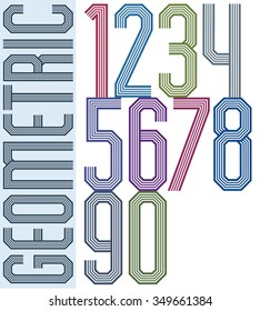 Retro colorful geometric numbers with parallel lines, decorative poster letters.