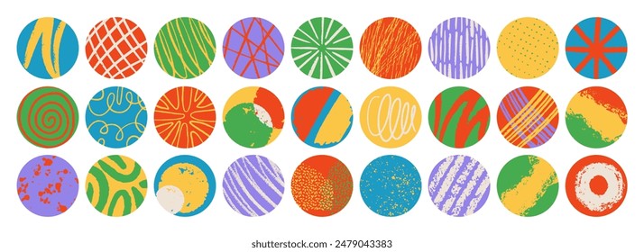 Retro colorful geometric pattern background, vector abstract circle art. Hand drawing lines. Trendy bauhaus icon set