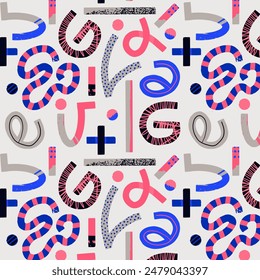 Retro colorful geometric pattern background, vector abstract circle, triangle and square lines art. Doodle seamless. Hand drawing lines. Trendy bauhaus pattern background pop-art