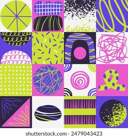 Retro farbenfroher geometrischer Musterhintergrund, abstrakter Kreis der Vektorgrafik, Dreieck und quadratische Linien Kunst. Trendy Bauhaus Muster Hintergrund Pop-Art
